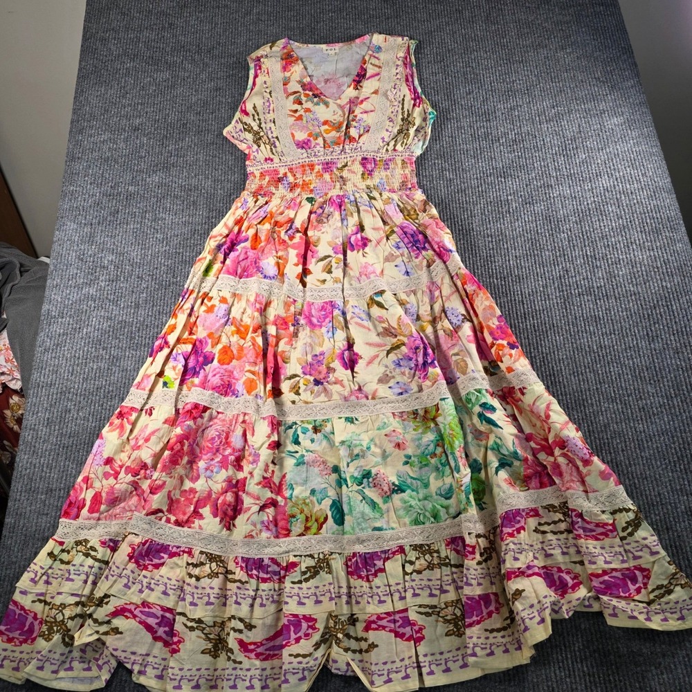 POL Floral Print Tiered Maxi Dress Lace Trim Smocked Waist Boho Sleeveless Large - Picture 2 of 6